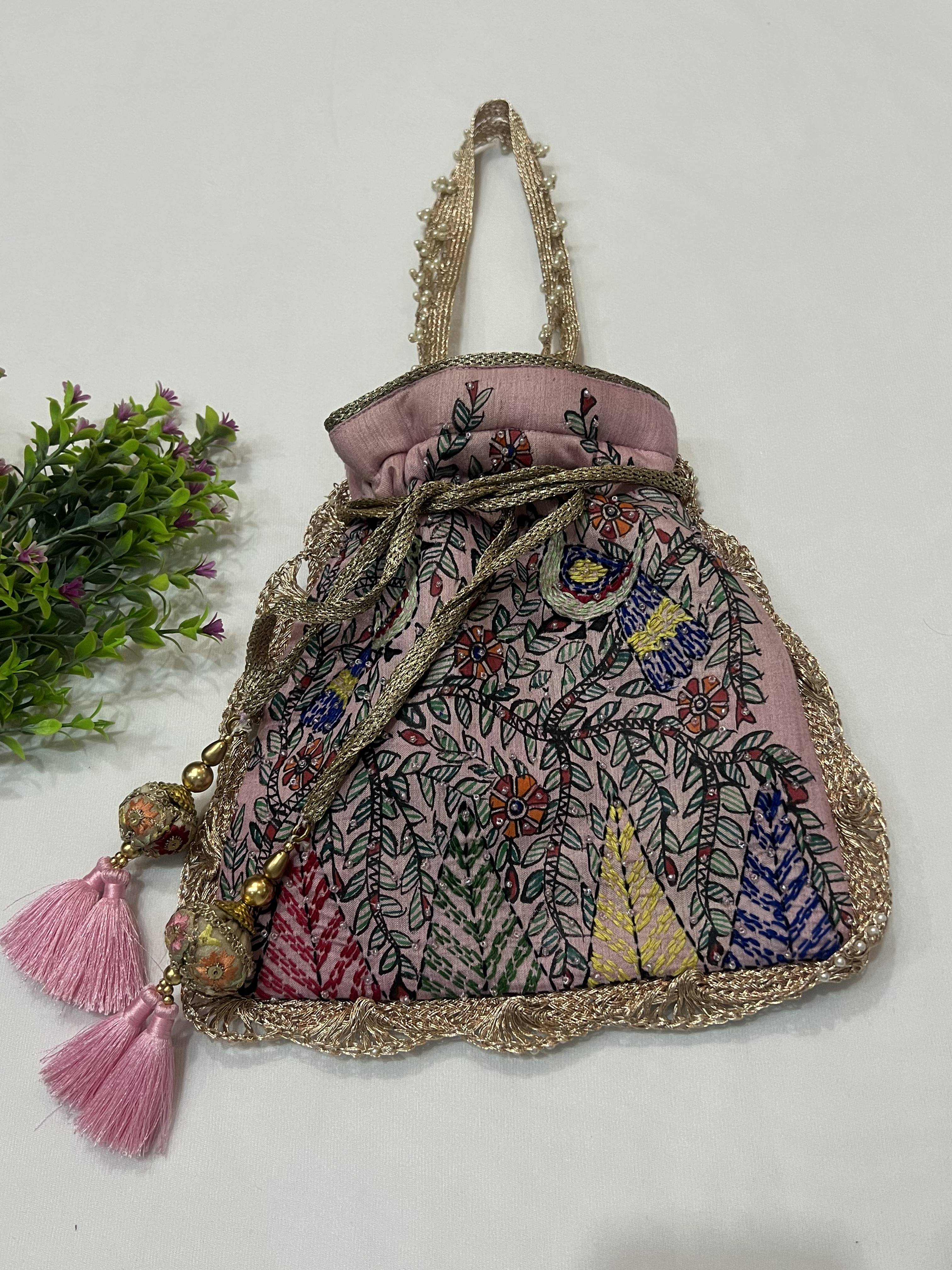 Hand-Painted Pink Potli with Madhubani and Sujni Hand Embroidery